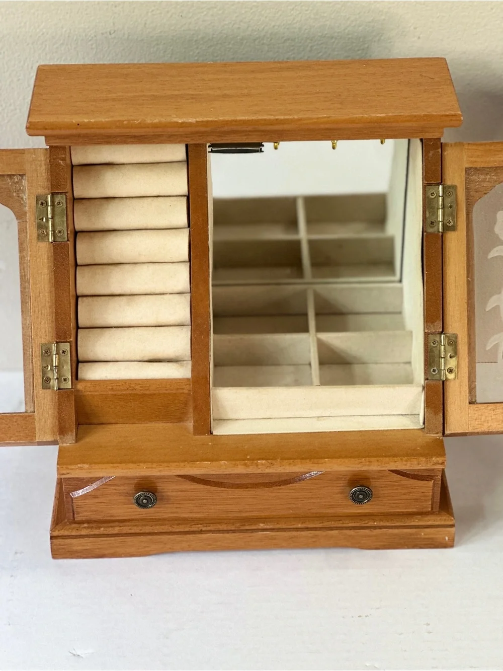 Vintage Wooden Jewelry Armoire Box Etched Glass Rose Doors Drawer